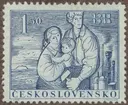 Frimärke ur Gösta Bodmans filatelistiska motivsamling, påbörjad 1950.
Frimärke från Tschechoslovakiet, 1948. Motiv av Tscheckslovakisk maskinarbetarefamilj 30-årsminnet av oberoendet 1918-1948.