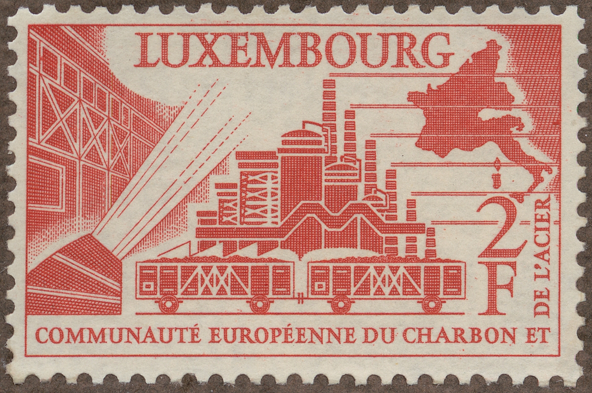 Frimärke ur Gösta Bodmans filatelistiska motivsamling, påbörjad 1950.
Frimärke från Luxemburg, 1956. Motiv av Bessemerkonverter Masugnsanlägg. Symboler för: Europeiska Kol- och Stålunionen: Unionens huvudkvarter i Luxemburg 4 år: 1952-1956