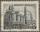 Frimärke ur Gösta Bodmans filatelistiska motivsamling, påbörjad 1950.
Frimärke från Polen, 1951. Motiv av Järnverksanläggning i Nowa Hute, Polen. -Till invigningsdagen av Nya 