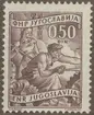 Frimärke ur Gösta Bodmans filatelistiska motivsamling, påbörjad 1950.
Frimärke från Jugoslavien, 1951. Motiv av Metallarbetare