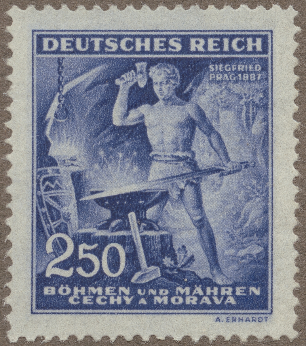 Frimärke ur Gösta Bodmans filatelistiska motivsamling, påbörjad 1950.
Frimärke från Böhmen-Mähren, 1943. Motiv av Sigfried, huvudpersonen i den germanska hjältedikt "Nibelungenlied", smidande sitt svärd. -Scen från Wagners musikdrama: "Siegfried"- 130-årsminnet av kompositören Richard Wagners födelse: (1813-1883,) 1813-1953.