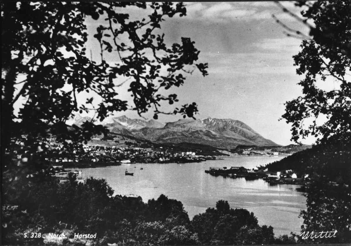 Utsikt fra Gangsåsbotn mot Seljestad og byen. I bakgrunnen Grytøyfjellene.