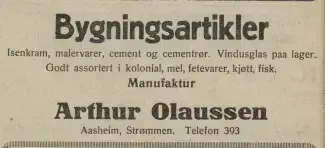 Reklame for bygningsartikler i Arthur Olaussen landhandleri fra 1929. Akershus Arbeiderblad, 20.04.1929. Nasjonalbiblioteket.