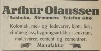 Reklame for Arthur Olaussen landhandleri fra 1927. Akershus Arbeiderblad, 22.01.1927. Nasjonalbiblioteket.