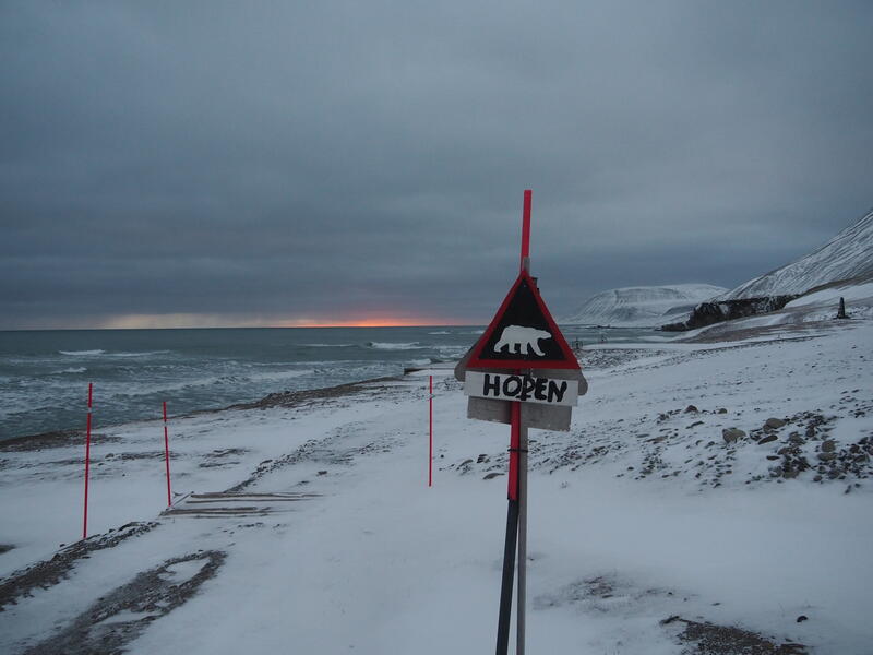 Bildet viser et snødekt, karrig landskap. Et fareskilt har bilde av en isbjørn og teksten Hopen.