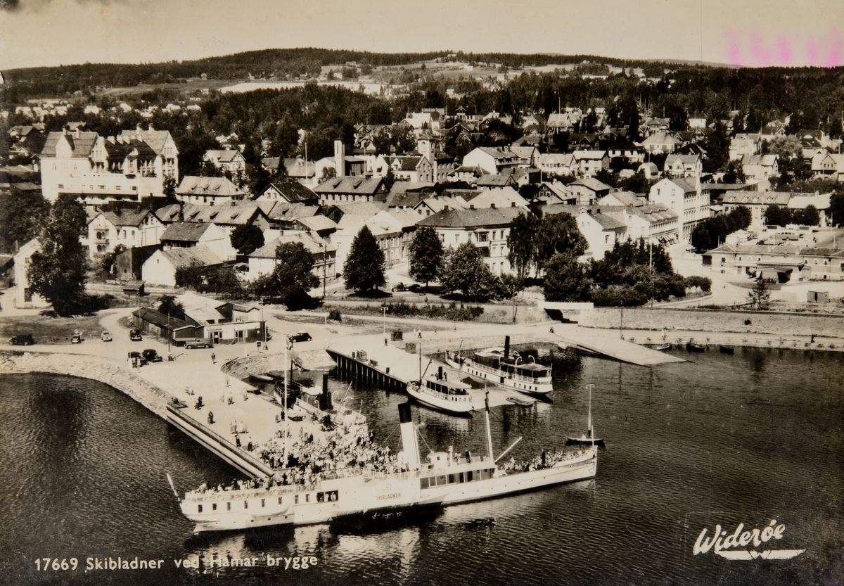 Postkort, Hamar sentrum, flyfoto, Hamar brygge, mjøsbåt, D/S Skibladner,