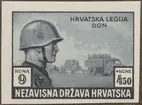 Frimärke ur Gösta Bodmans filatelistiska motivsamling, påbörjad 1950.
Frimärke från Kroatien, 1943. Motiv av Militär pansar bilar