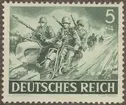 Frimärke ur Gösta Bodmans filatelistiska motivsamling, påbörjad 1950.
Frimärke från Tyskland, 1943. Motiv av Motorcykel med baksäte och sidovagn i militär tjänst -tysk 