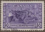 Frimärke ur Gösta Bodmans filatelistiska motivsamling, påbörjad 1950.
Frimärke från Canada, 1943. Motiv av Canadensiska lätta kanoner motoriserade -Propaganda för Canadas krigsinvalider-