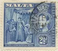 Frimärke ur Gösta Bodmans filatelistiska motivsamling, påbörjad 1950.
Frimärke från Malta, 1938. Motiv av D L'Isle Adam tager Malta i besittning (t.h.) Kung George VI