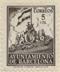 Frimärke ur Gösta Bodmans filatelistiska motivsamling, påbörjad 1950.
Frimärke från Spanien, 1940. Motiv av Flagga Barcelona