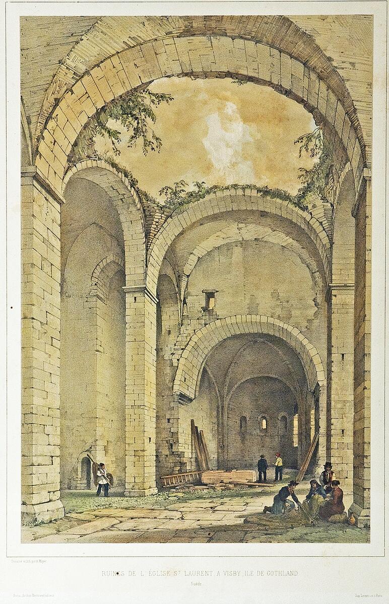 "RUINES DE L'EGLISE ST LAURENT" DESSINÉ ET LITH.PAR. A. MAYER. I FÄRG, SVARTKANTAD, BRUN RAM. DAGERMÅTT 51 x 34,5 CM. RAMENS STRL. 54,5 x 37,5 CM. I ÖVR. SE HNR: 10135:1