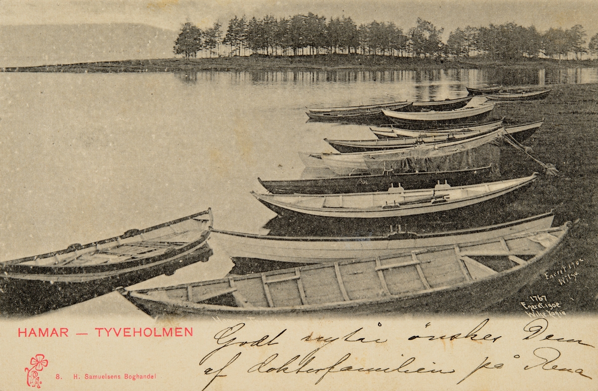 Postkort, Hamar, Tjuvholmen, Veslemjøsa, Vesle-Mjøsa, robåter, mjøsbåter,