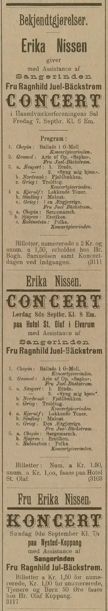 konEt utklipp av Oplandenes Avis som forteller om Erika Nissens konsertturne sammen med Ragnhild Juel-Bäckstrøm.