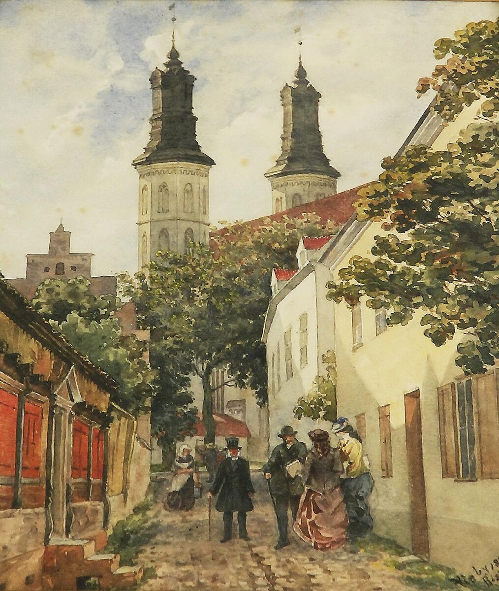 Akvarell av Johan Kahl som föreställer Biskopsgatan i Visby år 1873. Märkt: "Visby 1873 / Biskopsgatan / Kahl".

Inramad. Höjd 52, bredd 43,7 cm.