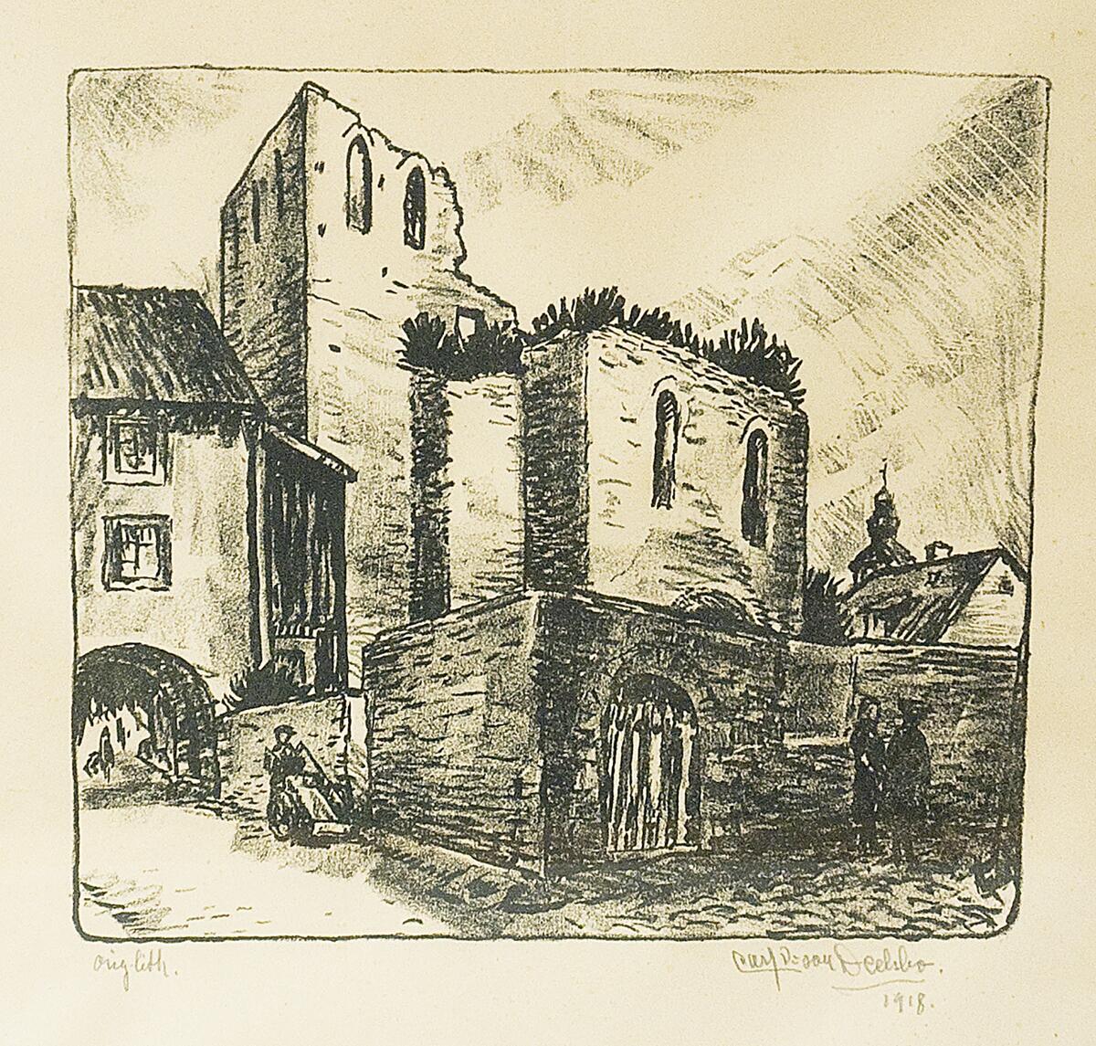 AV KONSTNÄR CARL P:SON DEELSBO, "S:T LARS RUIN FRÅN S:T HANSGATAN MED VALVHUSET, H. 44,3 BR. 31,7 CM.