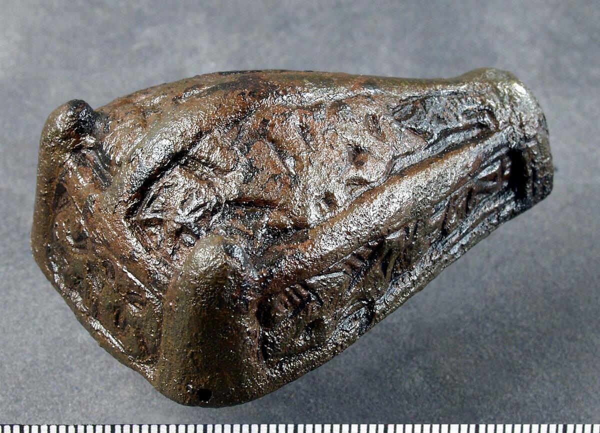 Spänne med ovansidan indelad i fyra längsgående fält med otydlig gripdjurs(?)ornamentik. Nålen saknas, botten skadad, inuti spännet finns tydliga avtryck av textil (spår efter tillverkningsprocessen). Enligt uppgift i orginalkatalogen funnen på 1920-talet av någon kallad stenberg "...i En hällkistgrav..."
av Brons, l. 55, br. 25 mm. Från lina i hörsne. Funnet för cirka 10 år sedan i en hällkistgrav av stenberg.