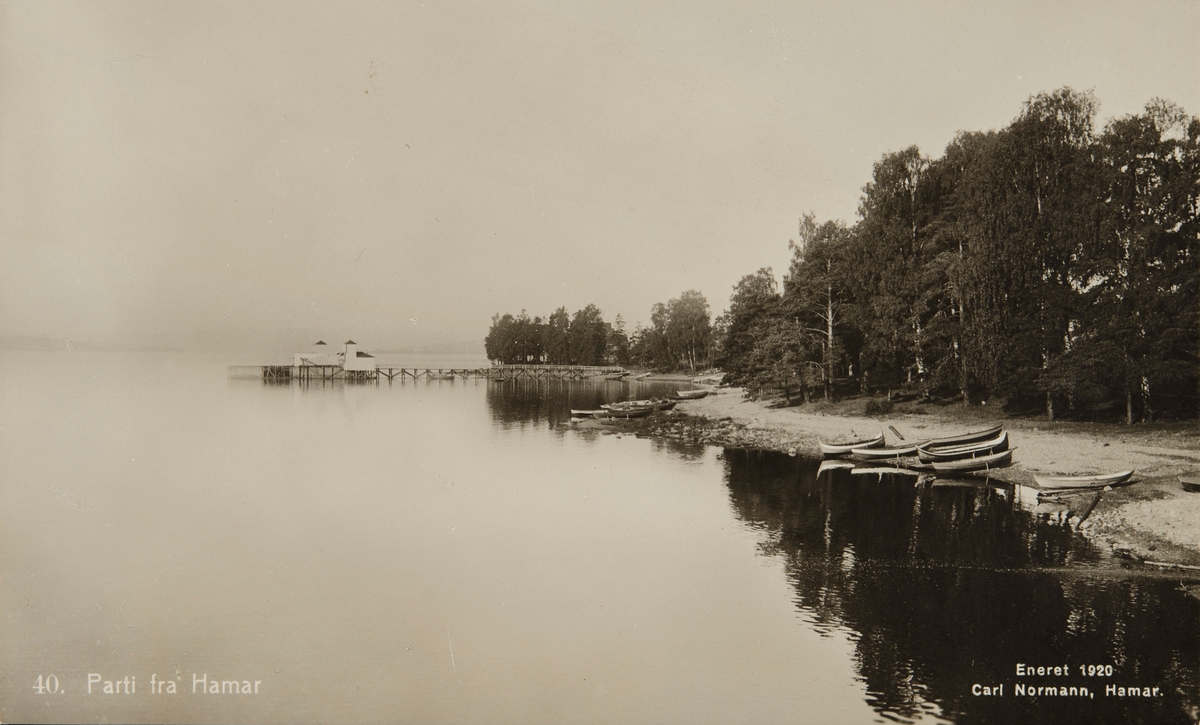 Postkort, Hamar by, Storhamarstranda, Hamar sjøbad, Koigen, robåter, "Parti fra Mjøsa"