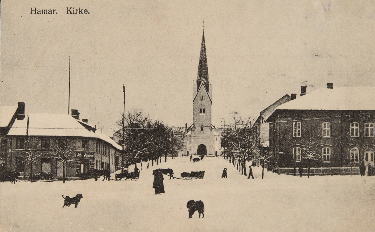 Postkort, Hamar, Stortorget, Jønsrudgåren Hamar domkirke, Munchgården, vinter

