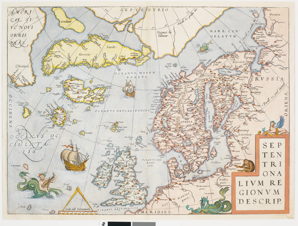 Kart over Nord-Europa fra 1574 laget av kartograf Abraham Ortelius. Kartet er et fargelagt kobberstikk laget av illustratøren Frans Hogenberg. Bakside har tekst.