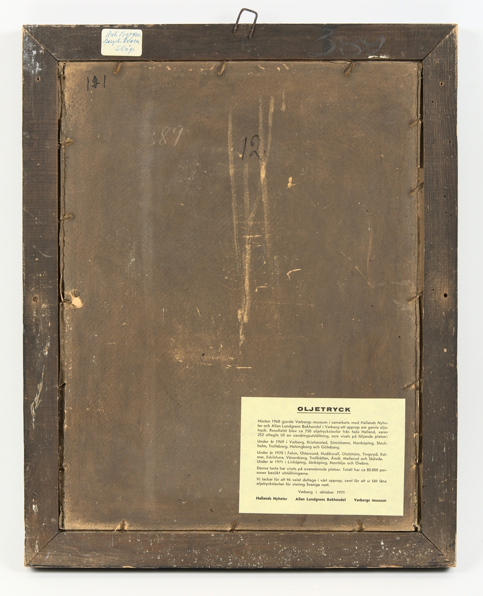 Oljetryck inom svartmålad och delvis förgylld profilram av trä. Motivet föreställer aposteln Petrus med himmelrikets nycklar i höger hand och en bok under vänster arm. Vid apostelns huvud en gloria.

På baksidan finns ett flertal noteringar. Gul klisterlapp på ramen med bläck: "Nils Brogren Berget ?Kvar**? (oläsligt) Släp.", samt notering "389" i blyerts. På pappskiva bakom motiv: "171", "389" och "12". 

Gul klisterlapp med maskinskriven text:
"
Oljetryck
--------

Hösten 1968 Gjorde Varbergs museum i samarbete med Hallands Nyheter och Allan Lundgrens Bokhandel i Varberg ett upprop om gamla oljetryck. Resultatet blev ca 750 oljetryckstavlor från hela Halland, varav 252 uttagits till en vandringsutställning, som visats på följande platser:

Under år 1969 i Varberg, Kristianstad, Simrishamn, Norrköping, Stockholm, Trelleborg, Helsingborg och Göteborg

Under år 1970 i Falun, Östersund, Hudiksvall, Olofström, Tingsryd, Kalmar, Eskilstuna, Vänersborg, Trollhättan, Åmål, Mellerud och Skövde. Under år 1971 i Linköping, Jönköping, Norrtälje och Örebro.

Denna tavla har visats på ovannämnda platser. Totalt har ca 80.000 personer besökt utställningarna.

Vi tackar för att Ni velat deltaga i vårt upprop, samt för att vi fått låna oljetryckstavlan för visning Sverige runt.

Varberg i oktober 1971
Halland Nyheter Allan Lundgrens Bokhandel Varbergs museum
"