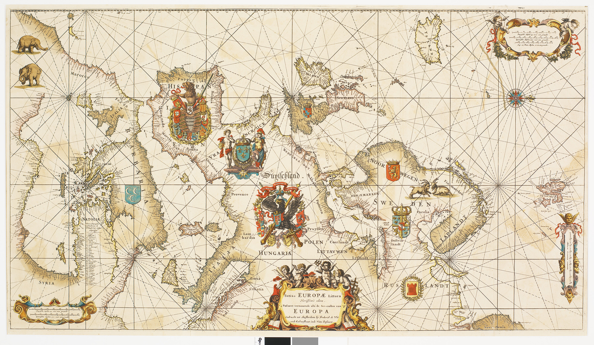 Kart over Europa fra atlas. Kartet har en kompassrose og sju våpenskjold. Kartusj i øvre høyre hjørne, nedre venstre og midt nede. Bakside blank.