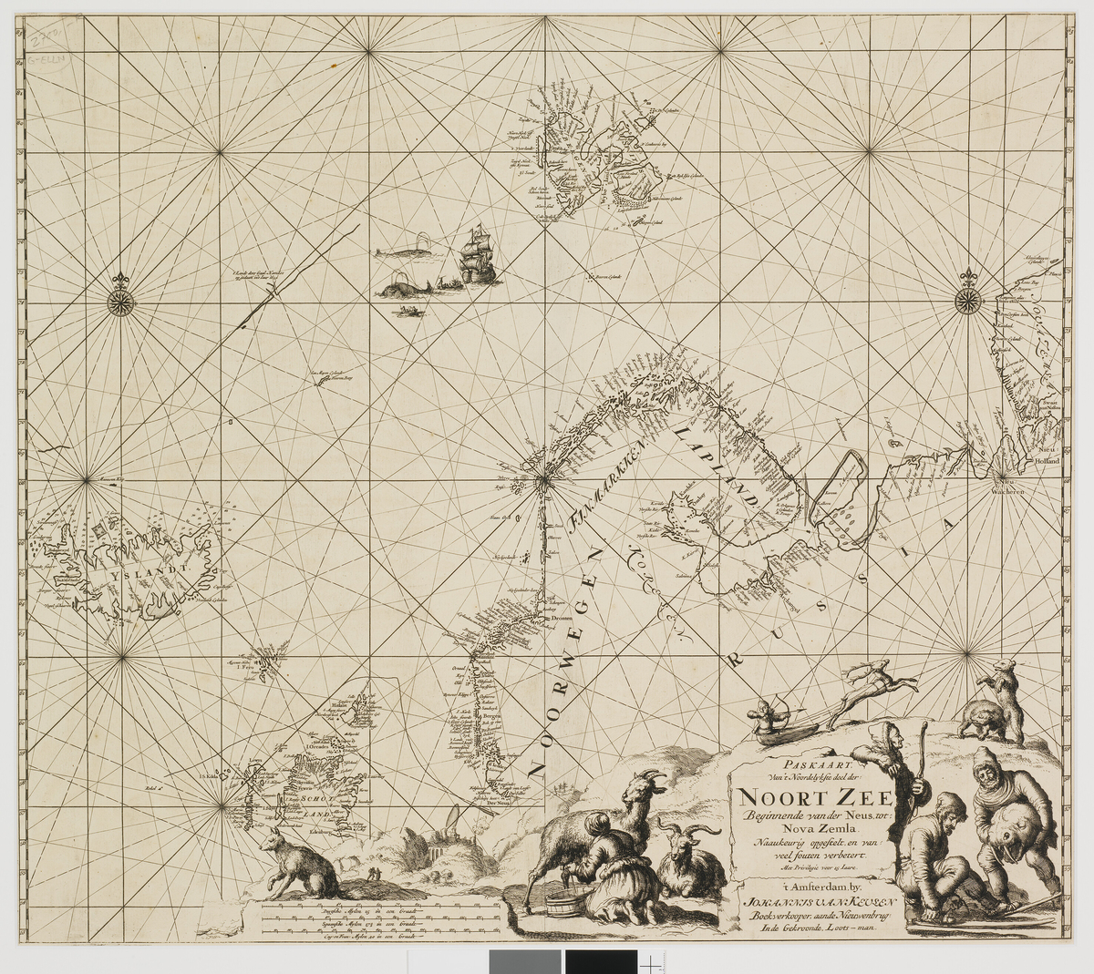 Kart fra et atlas. To kompassroser og illustrasjon rundt tekst i nedre høyre hjørne. Blank bakside.