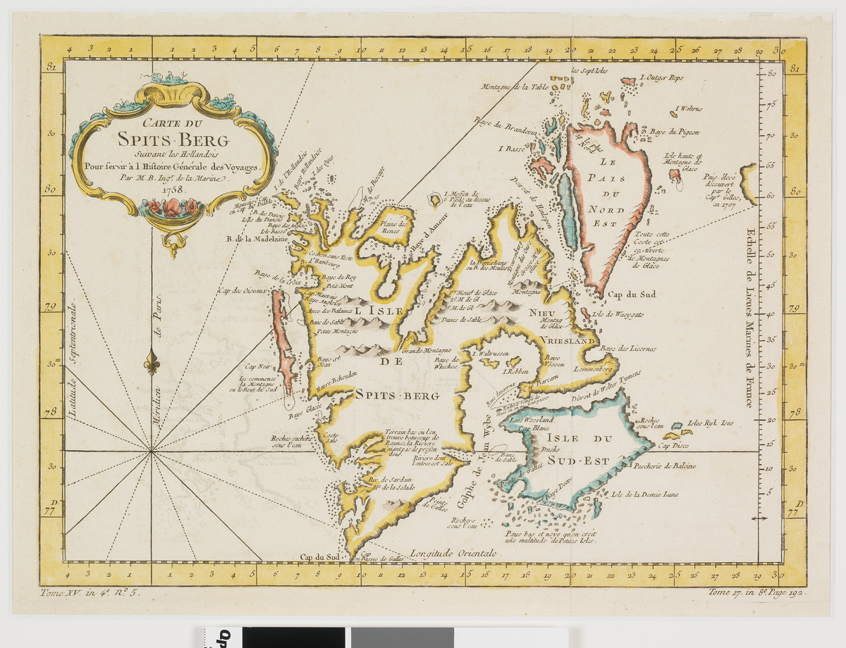Kart over Spitsbergen/ Svalbard med fransk tekst. Bakside blank. Fargelagt.