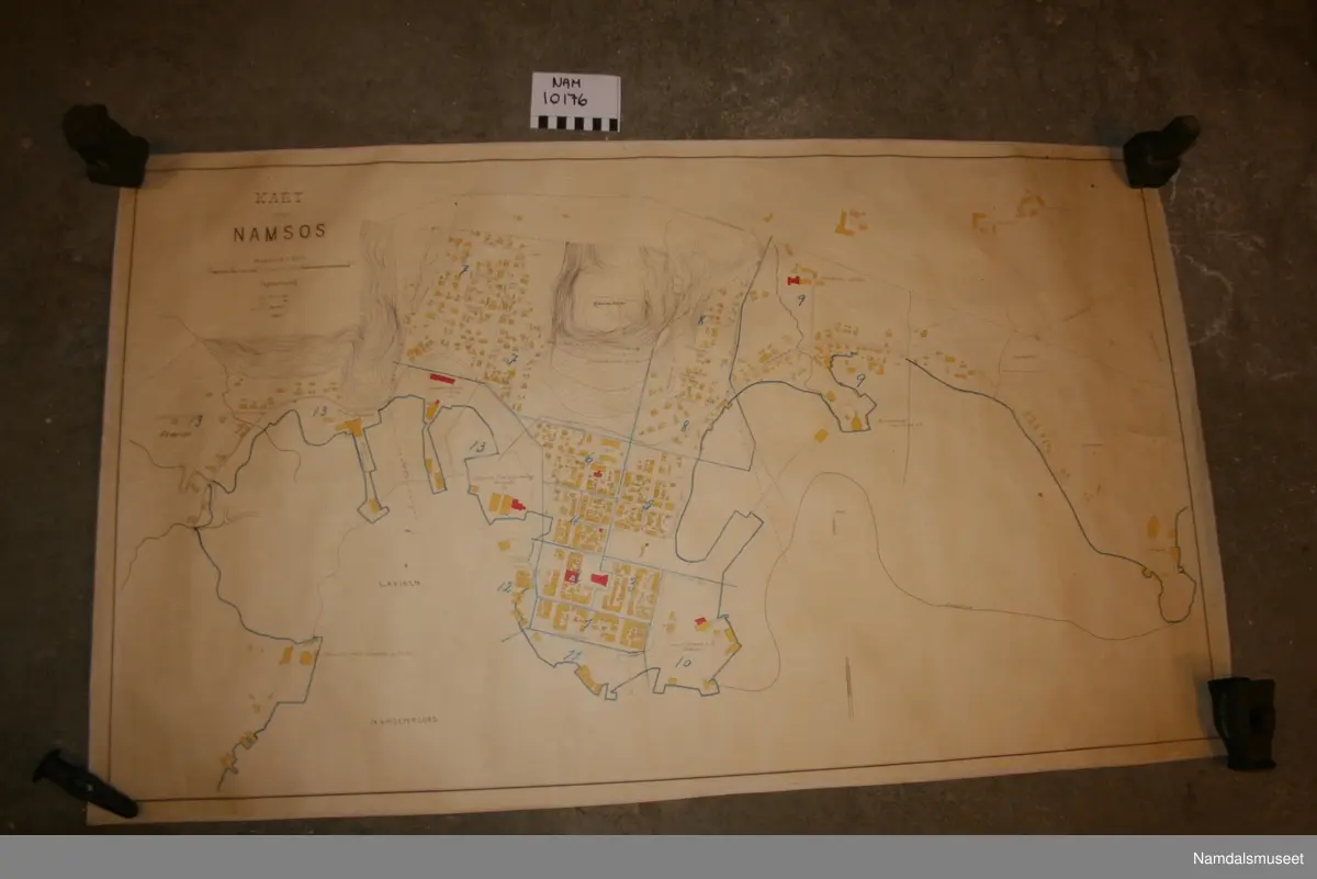 Byplankart over Namsos fra 1922. Husene og bydelene er nummerert, men uten noen form for referanse