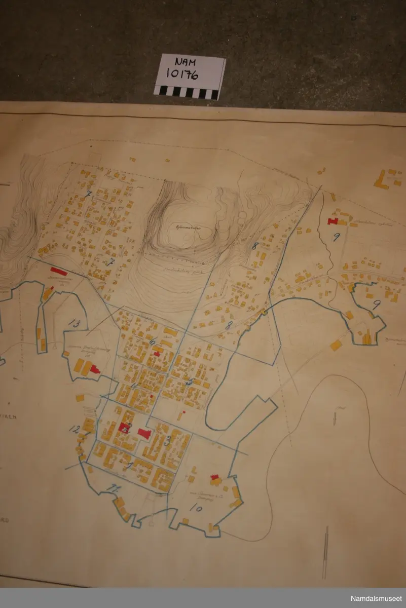 Byplankart over Namsos fra 1922. Husene og bydelene er nummerert, men uten noen form for referanse