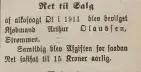I 1910 fikk Arthur Olaussen bevilgning til å selge øl. Avgiften for rettigheten ble fastsatt til 15 kr årlig. Akershusposten Lillestrøm, den 10.12.1910. Nasjonalbiblioteket.