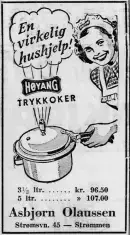 Man kunne kjøpe kjøkkenutstyr hos Asbjørn Olaussen. Her annonseres det for Høyang trykkoker i 1953. Akershus Arbeiderblad, den 4.12.1950. Nasjonalbiblioteket.
