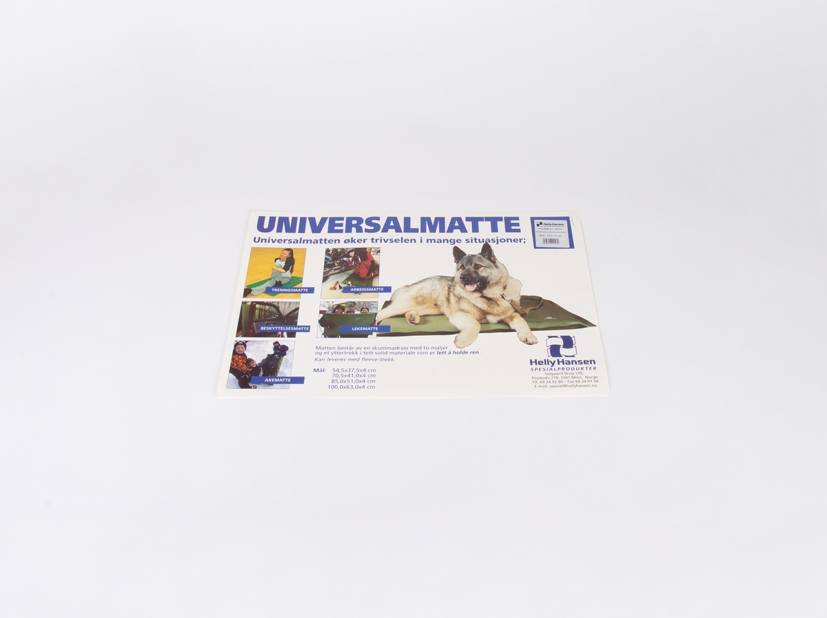 Rektangulært produktark som illustrerer universalmattens bruksområder med tekst og bilder.