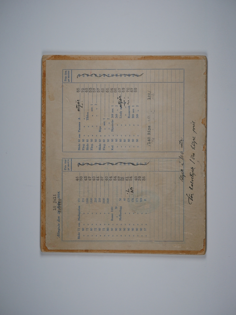 Alingsås Bomullsväveri AB

1. Klortabeller
2. Pristabeller 1934
3. Vikttabeller