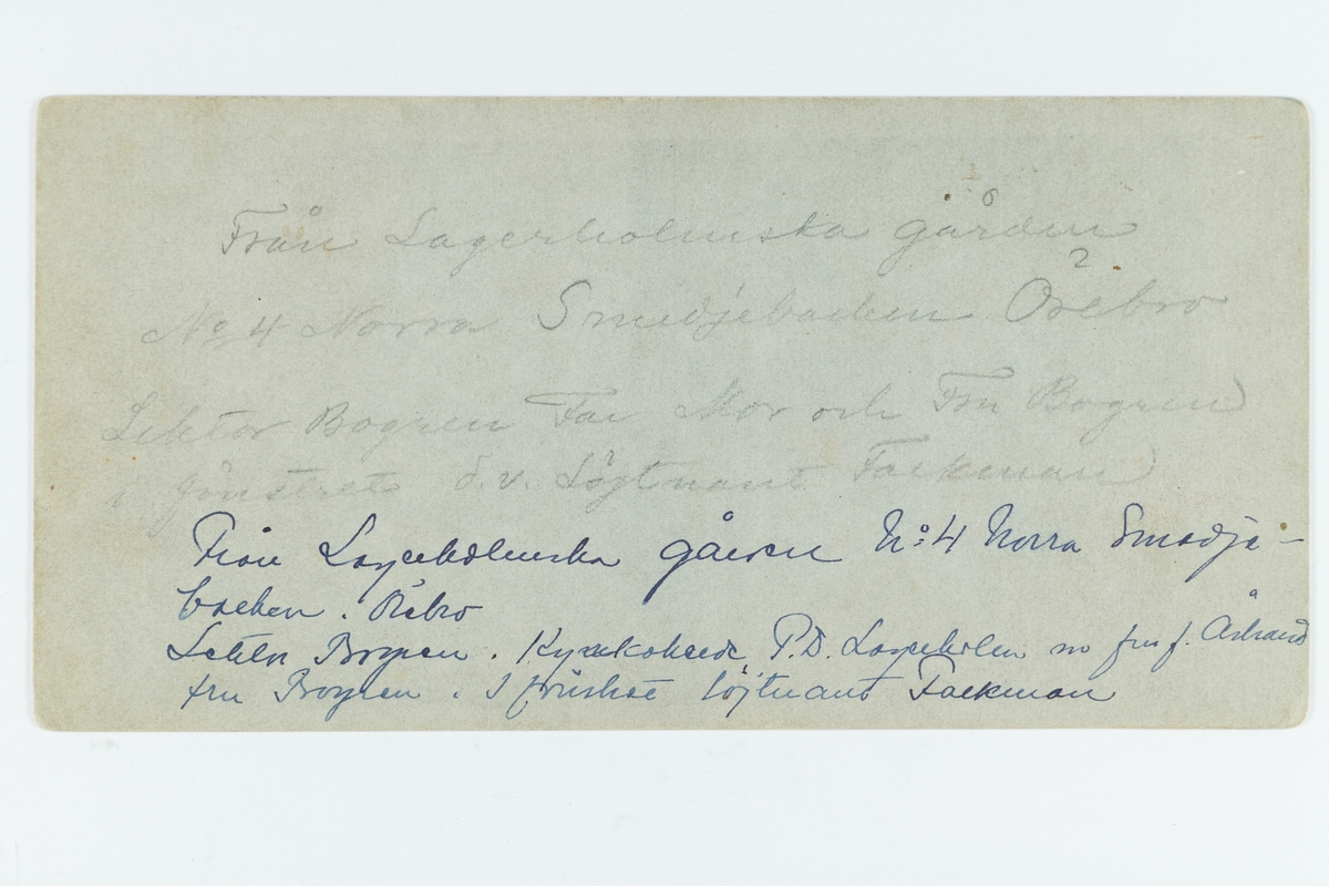 Lagerholmska gården Nr. 4 Norra Smedjebacken, Örebro. 
Lektor Bogren, kyrkoherde Per Didrik Lagerholm och hans hustru Juliana Lagerholm (född Åstrand), fru Bogren. I fönstret löjtnant Falkman. 
Nr. 4 norr Smedjebacken är adressen Olaigatan 28, Örebro.
