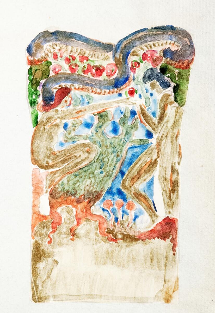 Blandteknik. Blyerts och akvarell, på papper. Skiss till gavel på kapitälet "Adam & Eva" av Ellen Roosval von Hallwyl, föreställande Adam och Eva i profil. Uppfodrat på pappersark.  Pappersark med fuktskador samt slitna kanter.
Nyreg 20130321 JE