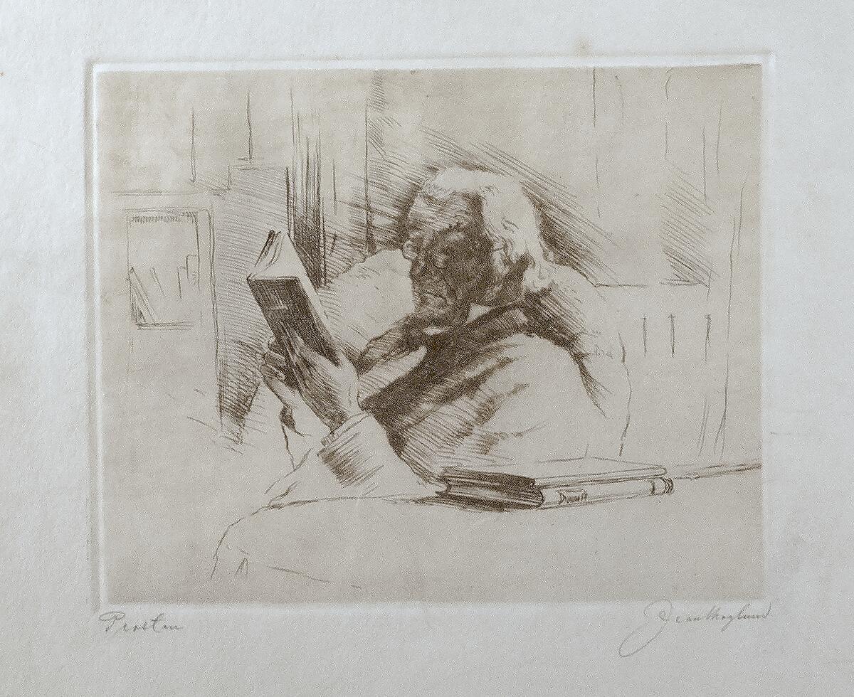 Etsning, kopparstick. Föreställande läsande äldre man i profil, iklädd glasögon.  Signerad i blyerts "Prosten" samt "Jean Skoglund". Smutsig.
Nyreg 20130402 JE