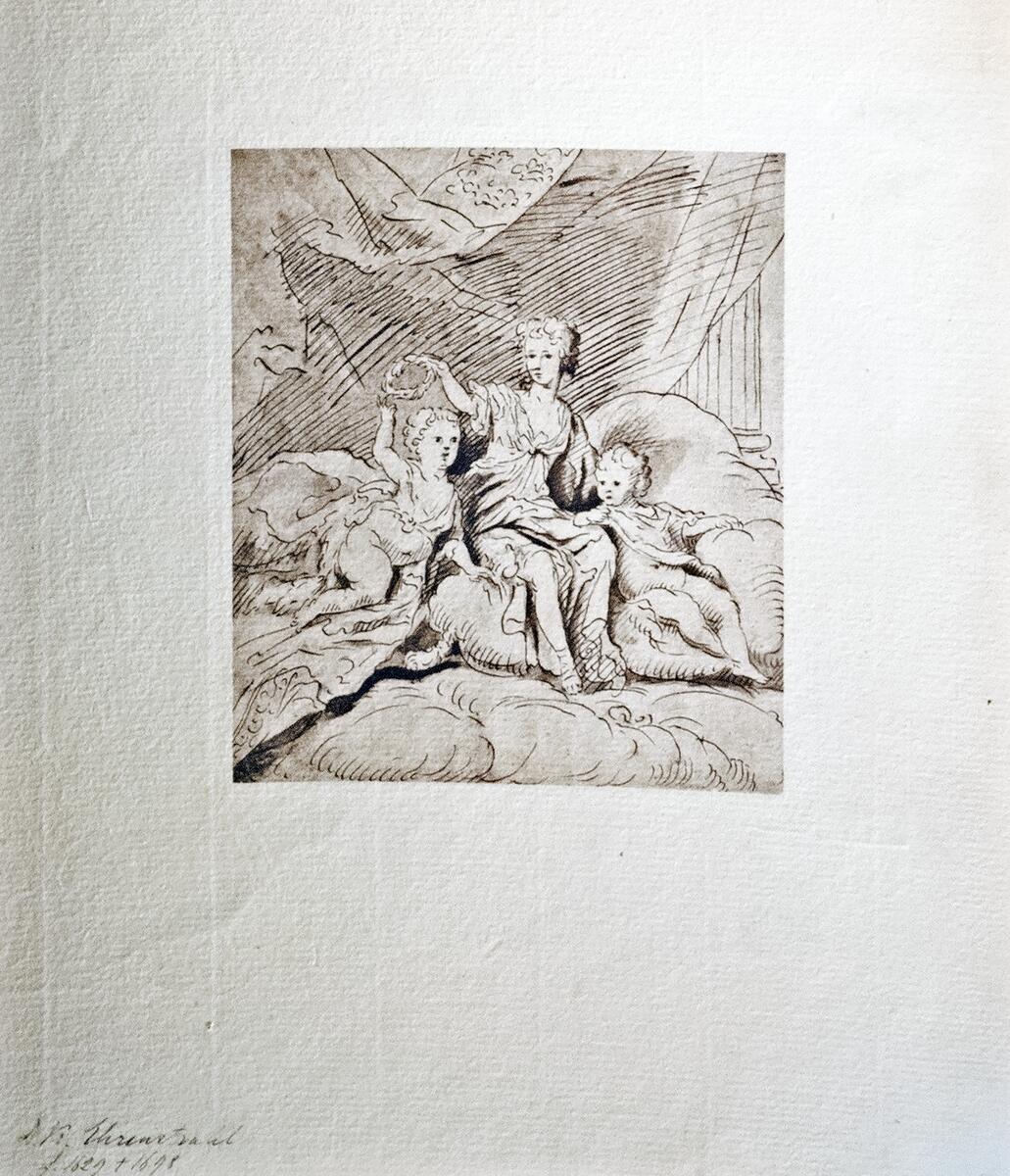 Tryck. Efter David Klöcker Ehrenstrahl. Föreställande kvinna hållandes lagerknas i höger hand, flankerad av två barn.  Nederkant med text i bläck: "D.K. Ehrenstrahl".
Nyreg 20130403 JE
