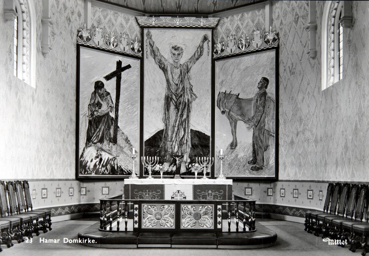 Postkort, Hamar domkirke, interiør, Henrik Sørensens altertavle, 
