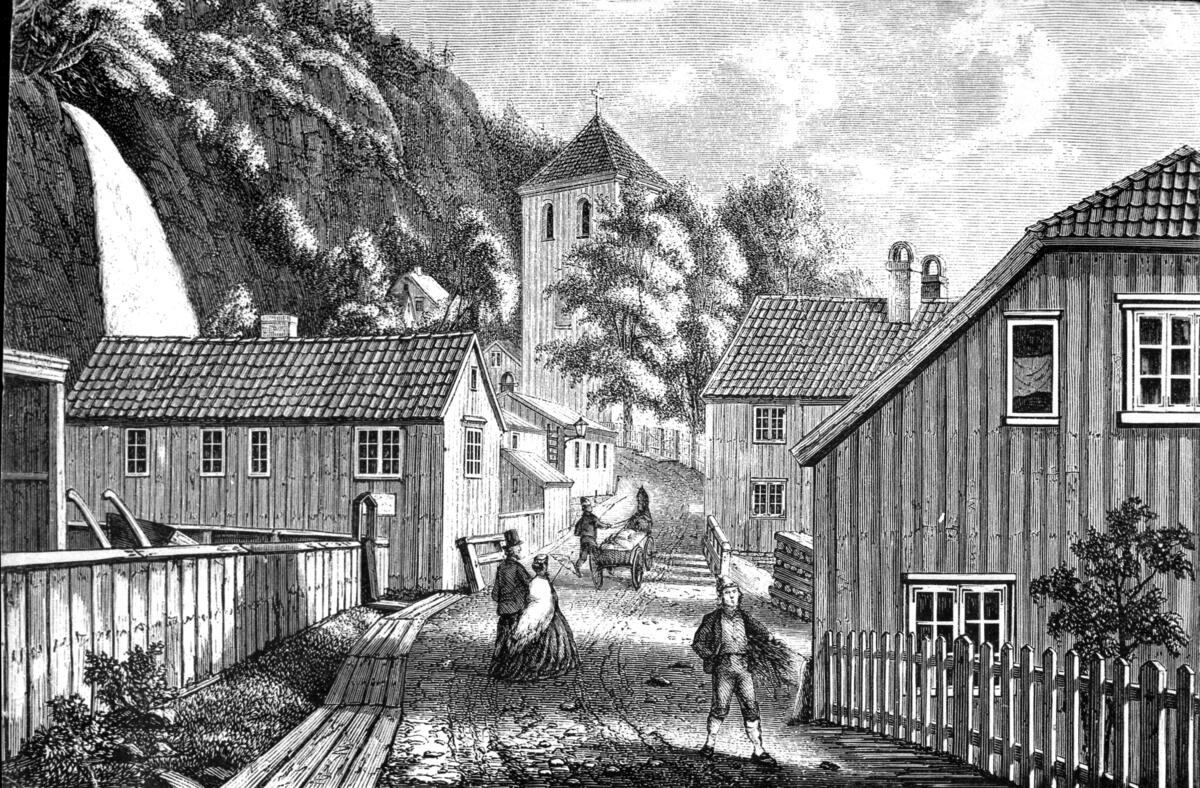 Gatebilde fra Holmestrand, fattighuset, Holmestrand kirke, gjerde, fintfolk, trehusbebyggelse