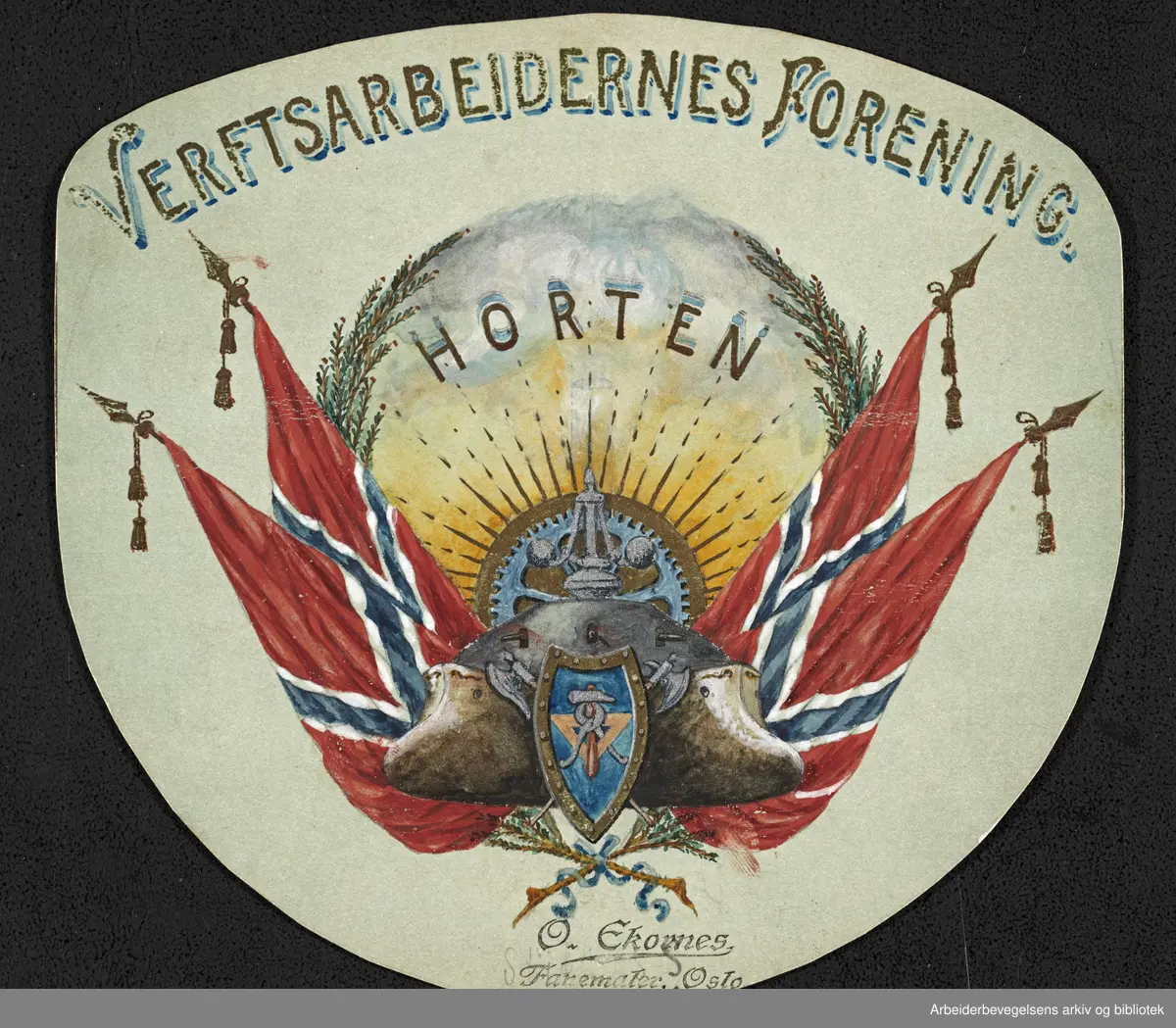 Skisse til detalj på fanen til Verftsarbeidernes Forening Horten. O. Ekornes Fanemaler Oslo.