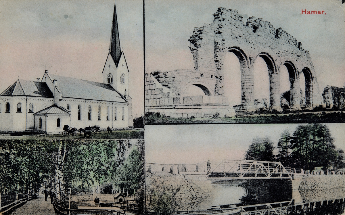 Postkort, Hamar, fotomontasje, 4 delt kort med motiv Hamar domkirke, Domkirkeruinen, Hamar Park og Disenbrua, 
