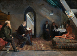 Gunnar Heiberg leser «Kong Midas» [Olje på lerret]