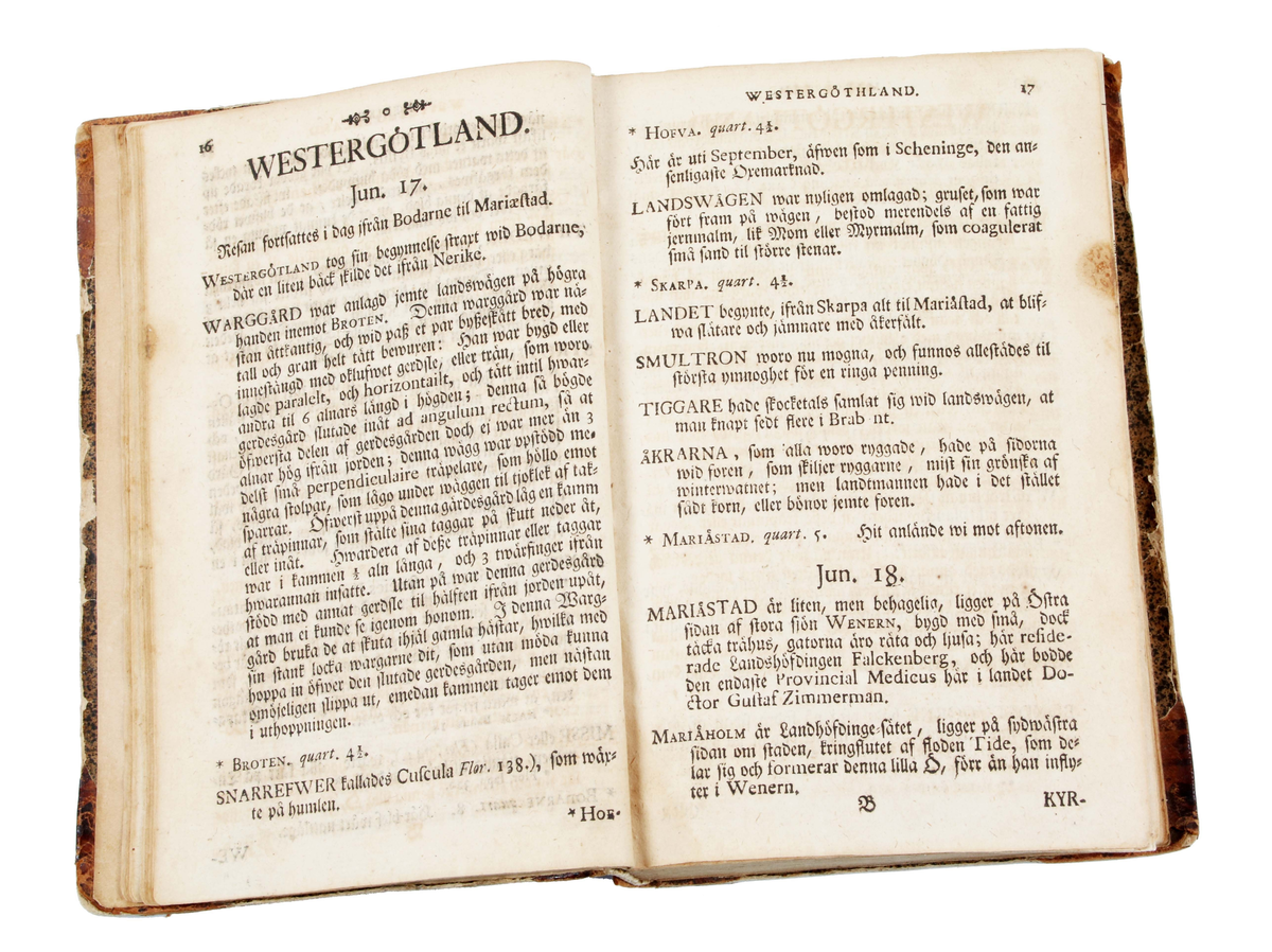 Trådbunden bok. Pappband. Fram- och baksida, med pålimmat brunspräckligt papper. Rygg och hörn klädda i brunt skinn. Bladen ljusbruna med svart text. Insidan med texten: "CARL LINNAEI Wästgöta=Resa på Stiftens högloflige ständers Befallning förättad år 1746..........Stockholm, Uplagd på LARS SALVII kostnad, 1747". Insidan även med utvikbar karta (kopparstick) över "Kinnekullebergen, Heflings kyrka, Hartorps klef, Lilla Brattefors, Stora Brattefors". Bruks- och åldersslitage.

Historik:
Carl von Linne föddes 13 maj 1707 i Råshult, Stenbrohults socken, Småland, död 10 januari 1778 i Uppsala, var en svensk botaniker, läkare, geolog och zoolog som lade grunden till den moderna nomenklaturen inom biologin och den moderna systematiken, som grupperar växter och djur. Många av hans skrifter publicerades på latin och därför återges hans latinska namn som Carolus Linnæus. (Wikipedia)

År 1746 begav sig Carl von Linne på uppdrag av riksdagen ut på den expedition till västra Sverige som året därpå resulterade i Carl Linnaeus Västgöta Resa - ett något missvisande namn eftersom resorna och boken, dessutom omfattar Bohuslän, Dalsland och Värmland.

Boktryckaren Lars Salvius, född 1706 i Stigtomta socken, död 1773, var en svensk boktryckare, bokhandlare och tidningsman. Salvius har varit en av de mest betydelsefulla personerna inom svensk bokhistoria. Innan Salvius tid skedde boktryckningen i en liten skala och bokhandeln dominerades av tyskar. (Wikipedia)