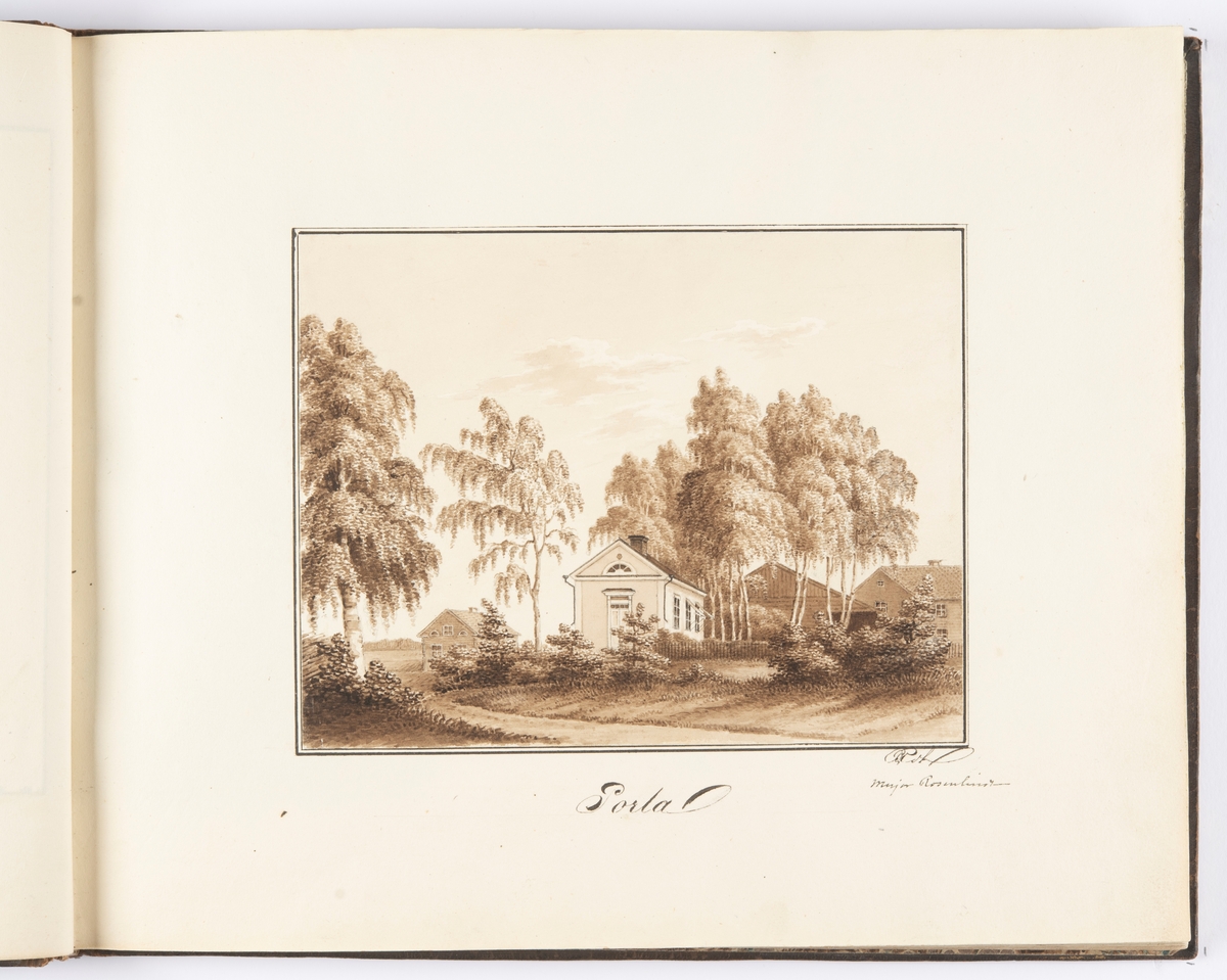 Byggnader kringgärdade av höga hängbjörkar. Liggande format. Utförd i sepiatoner, tusch och gouasch detaljer. 
Otydlig signatur under bilden.