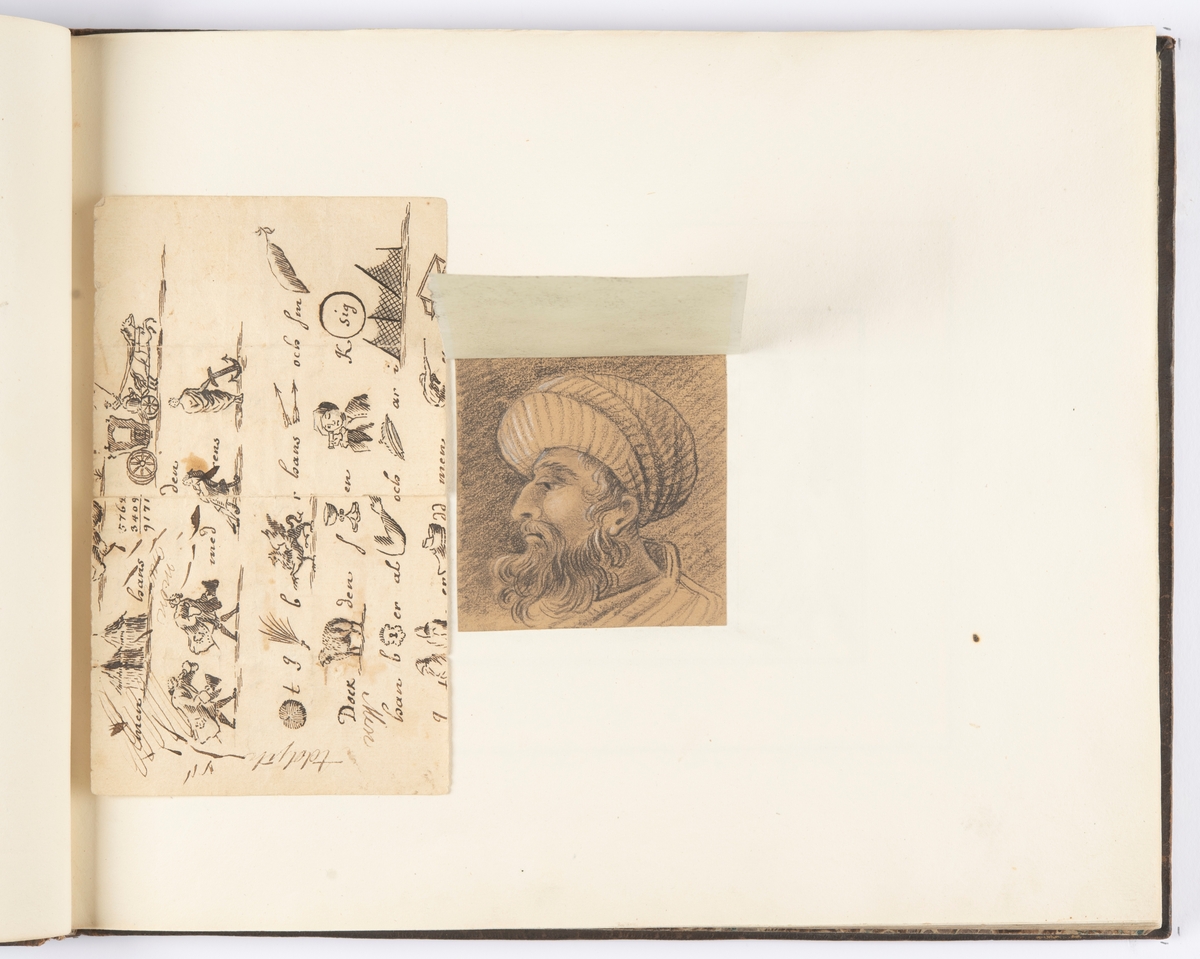 Porträtt av man i profil. Kvadratiskt format. Blyerts på gulnat papper. Mannen har skägg och en huvudbonad.