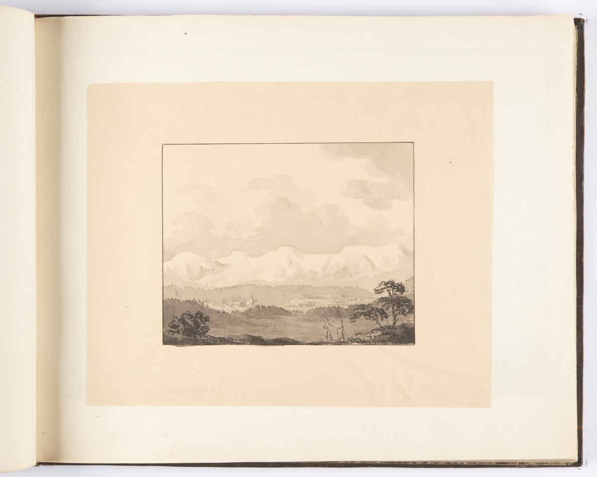 Landskap i tuschlaveringar med två personer i förgrunden och berg i fonden.