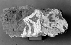 Tegelfragment med kalkmålning. Målad yta 15 x 9 cm. Halva ytan brunröd växtdekor på ljusgrå botten och andra halvan ljusgrön botten med svart dekor samt ett blågrått fält.