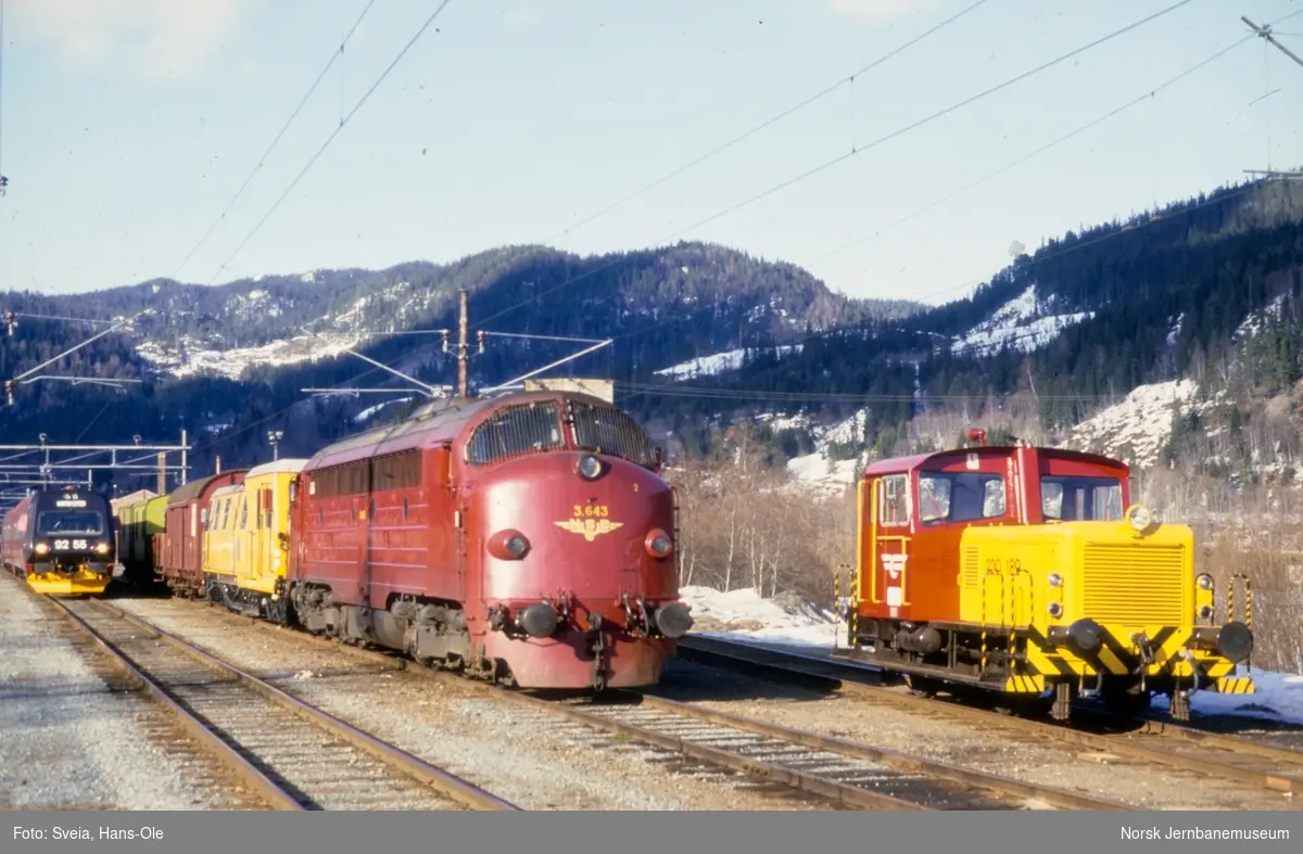 Diesellokomotiv Di 3 643 med arbeidstog på Støren stasjon. Til høyre nyrevidert skiftetraktor litra Skd 220 189. Til venstre dieselmotorvognsett type 92 med persontog til Røros, tog 414