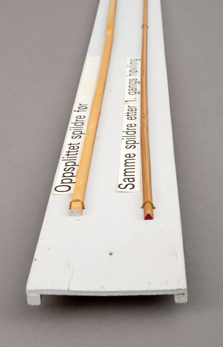 To splitcaneribber, spildrer av bambus (tonkinbambus), montert på en hvitmalt treplate. Spildrene har sitt utgansgpunkt i et bambusråemne (tonkinbambus) som er splittet opp og industrielt behandlet i firmaet Asbjørn Hørgårds maskiner, for deretter å bli limt sammen til fiskestenger.  Montasjen med de to spildrene har vært utstilt i museets basisutstilling om ferskvannsfiske fram til cirka 2013.

På den hvite treplata ses øverst en oppslittet spildre før høvling og nederst en spildre (ribbe) etter først gangs høvling. En stangdel i den ferdige fiskestanga, splitcanestanga, bestod av 6 ribber (spildrer). 

[Se referanser og referanser til filer for mer informasjon om hvordan framstillingen av splitkeinstenger foregikk. Se fanen "Opplysninger" for informasjon om Asbjørn Hørgård og hans firma. ]